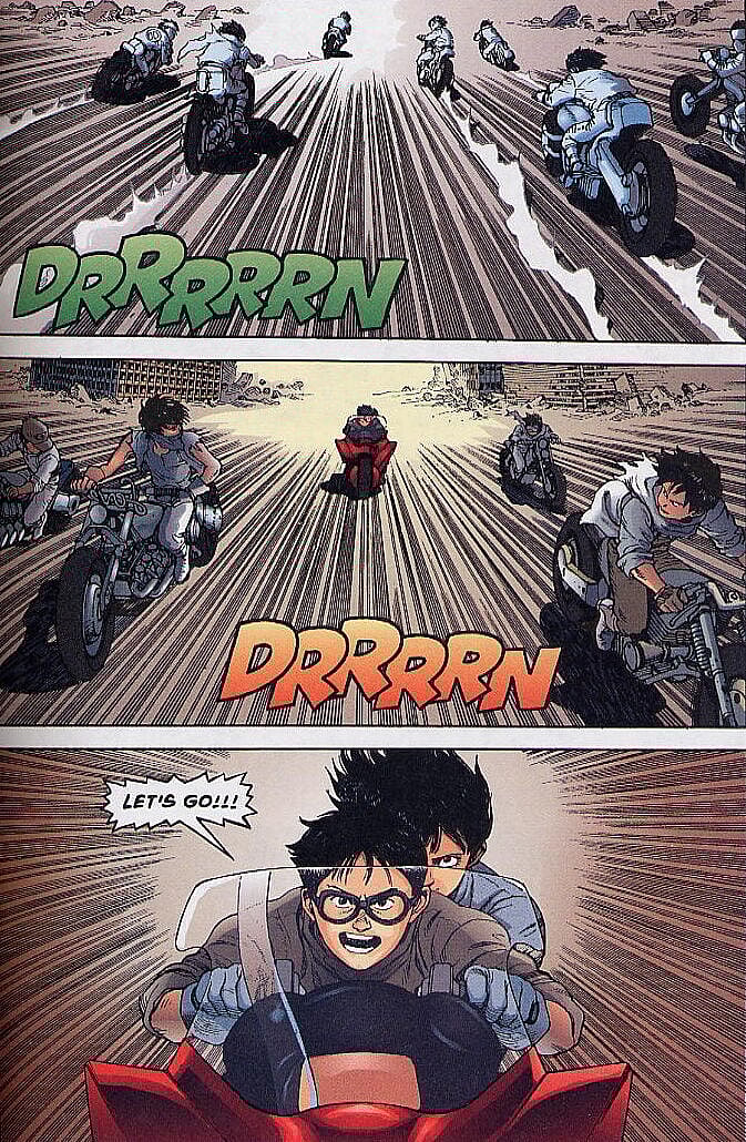 Kaneda and Kei race towards a new future in Akira Chapter 38 "The Final Chapter" (1988), Kodansha/Epic Comics. Words by Katsuhiro Otomo, art by Katsuhiro Otomo and Steve Oliff. Words by Katsuhiro Otomo, art by Katsuhiro Otomo and Steve Oliff.