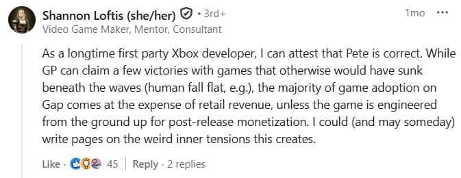 Shannon Loftis admits Xbox Game Pass success comes at the expense of "retail value" on LinkedIn