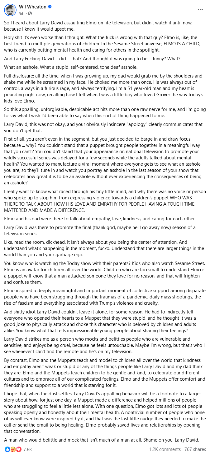 Wil Wheaton weighs in on Larry David's 'attack' on Elmo.