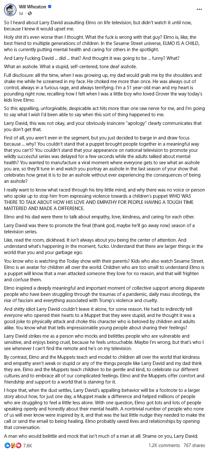 Wil Wheaton weighs in on Larry David's 'attack' on Elmo.