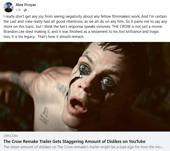 'The Crow' director Alex Proyas weighs in on the remake's existence.