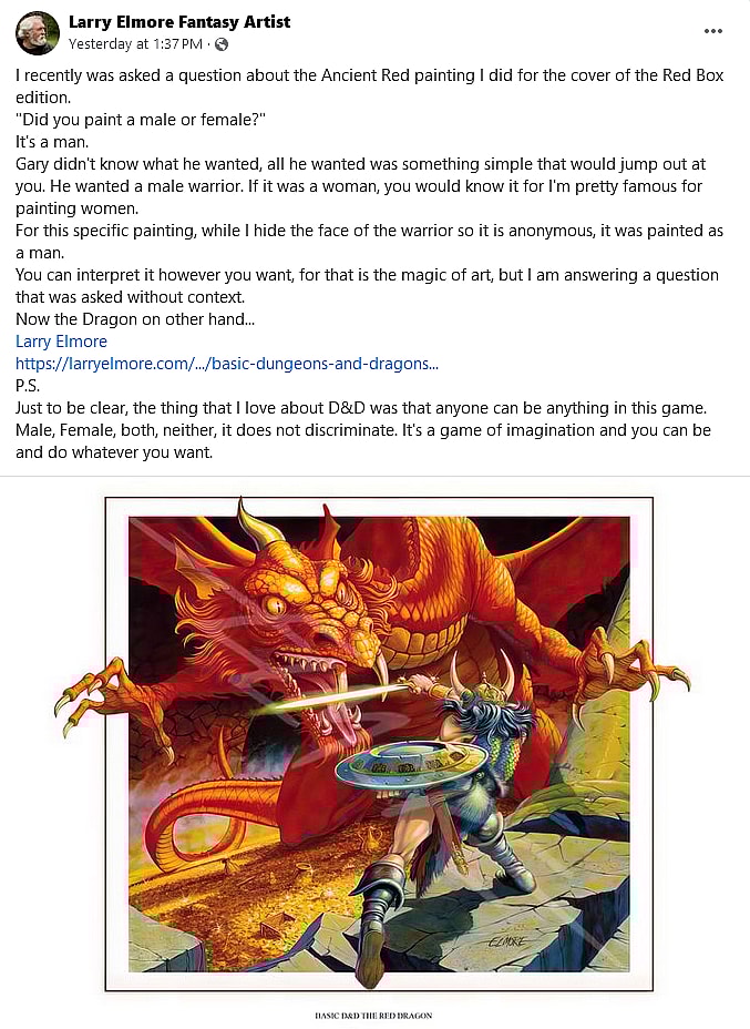 'Dungeons & Dragons' artist Larry Elmore responds to the recent retconning of his Red Box Warrior.