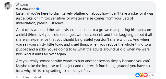 Wil Wheaton weighs in on Larry David's 'attack' on Elmo.