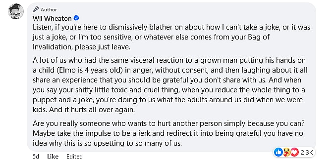 Wil Wheaton weighs in on Larry David's 'attack' on Elmo.