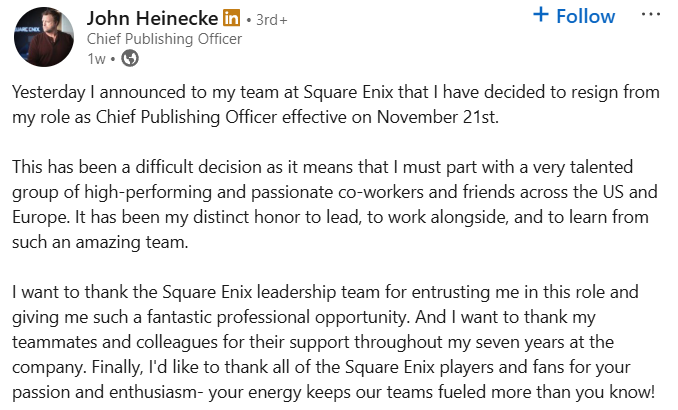 John Heinecke reveals he is resigning from Square Enix as their Chief Publishing Officer via LinkedIn