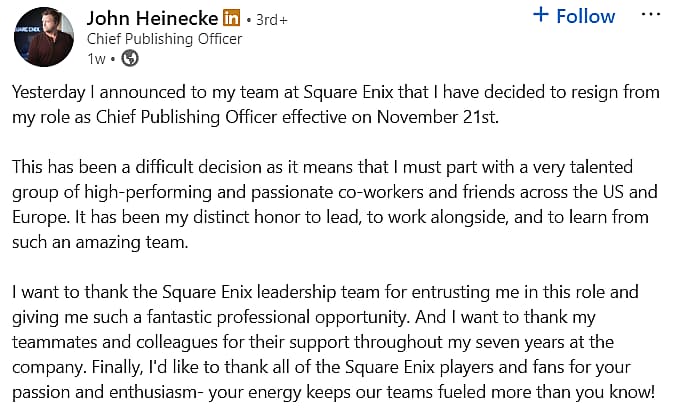 John Heinecke reveals resignation from Square Enix as Chief Publishing Officer