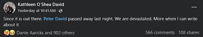 Kathleen O'Shea David, the wife of Spider-Man 2099 co-creator Peter David, provides updates on her husband's health.
