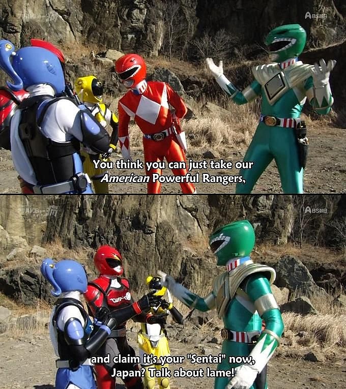 The titular team faces off with the Powerful Rangers in Hikonin Sentai Akibaranger Season 2, Episode 5 "Delusional Imports" (2013), Toei Co. Ltd.