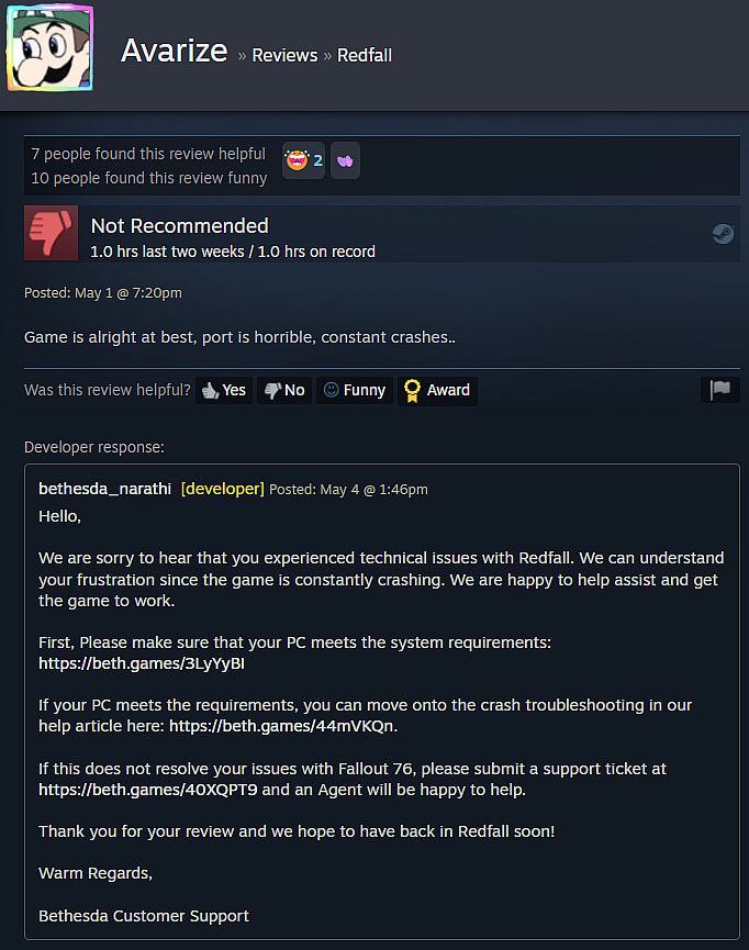 Archive link Bethesda accidentally refers to Fallout 76, when addressing a user review discussing "constant crashes" in Redfall via Steam