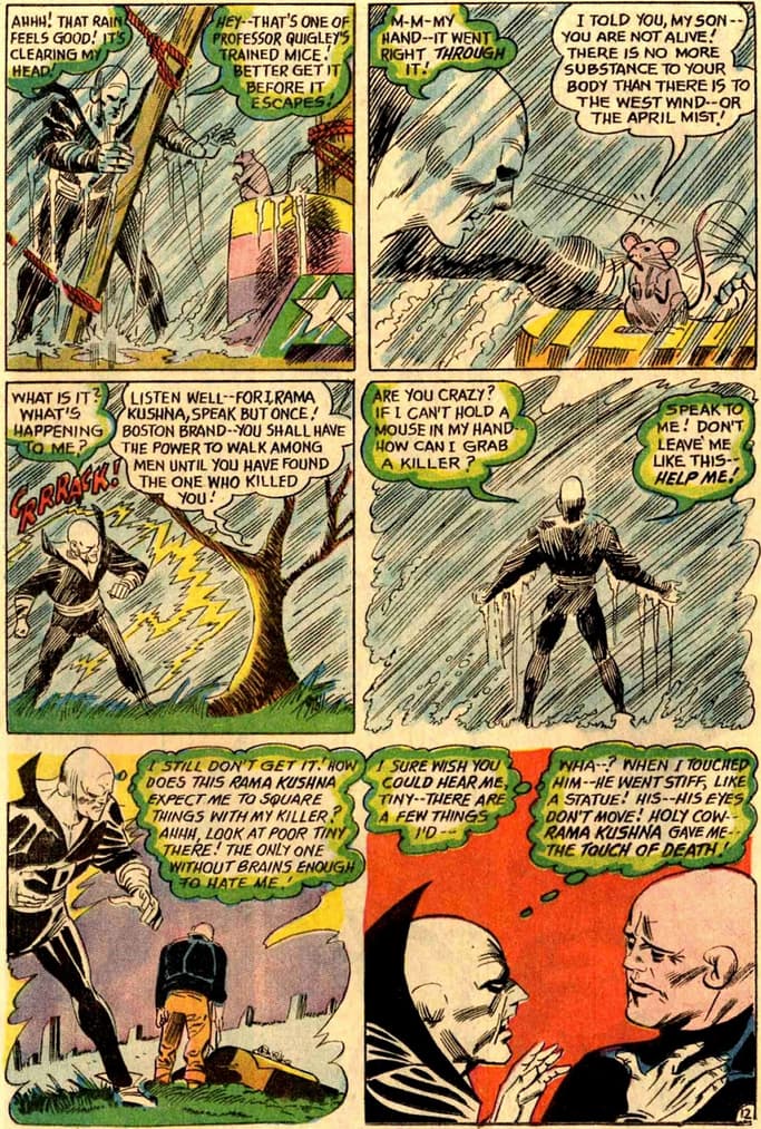Boston Brand learns the truth of his new existence in Strange Adventures Vol. 1 #205 "Deadman: Who Has Been Lying in My Grave? (1967), DC. Words by Arnold Drake, art by Carmine Infantino and George Roussos.
