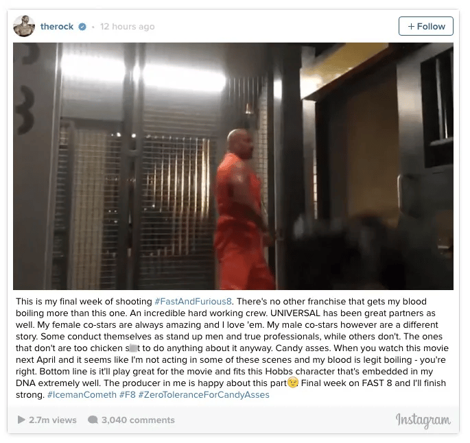 Dwayne "The Rock" Johnson calls out his 'Fate of the Furious' co-stars on Instagram