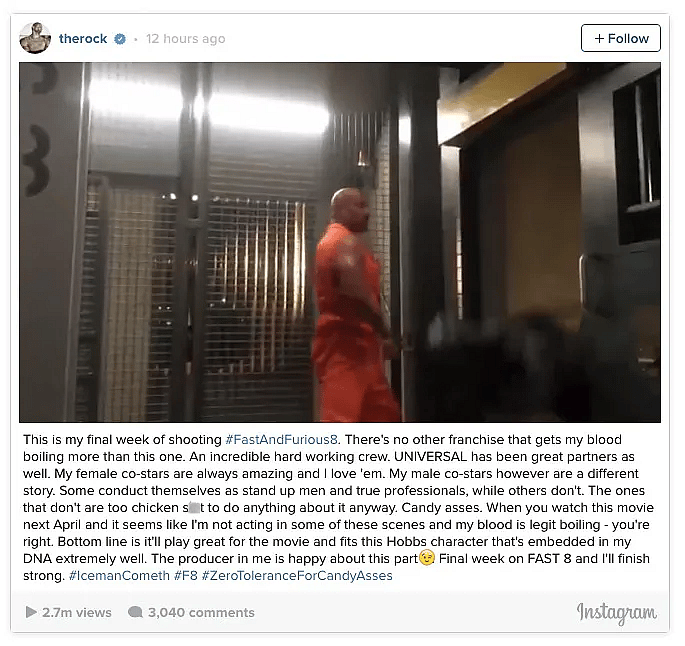Dwayne "The Rock" Johnson calls out his 'Fate of the Furious' co-stars on Instagram