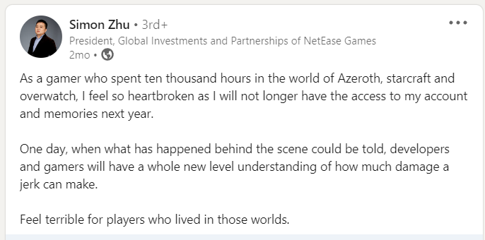 Simon Zhu blames the break between Blizzard Entertainment and NetEase on "a jerk" via LinkedIn
