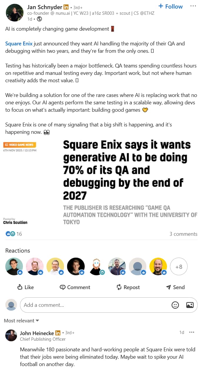 Jan Schnyder praises Square Enix for pursuing AI, while John Heinecke condemns the timing amid layoffs via LinkedIn