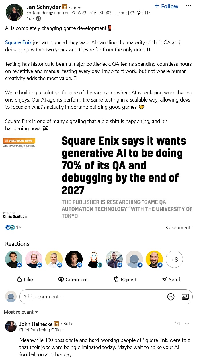 Jan Schnyder praises Square Enix for pursuing AI, while John Heinecke condemns the timing amid layoffs via LinkedIn
