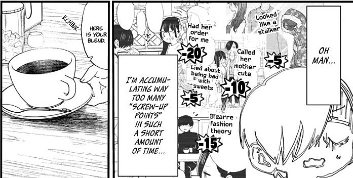Kyotaro runs down his score card in The Dangers in My Heart Chapter 46 (2021), Akita Shoten