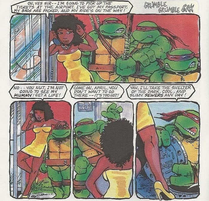 A coloring mistake turns April O'Neil into a black woman in Teenage Mutant Ninja Turtles Vol. 1 #32 "Egyptian Adventure" (1990), Mirage Studios. Words and art by Mark Bodé, Kevin Eastman (inks on original B&W art only), Eric Talbot, Mary Kelleber.