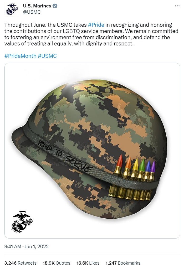 A 2022 U.S. Marine Corps tweet supporting "Pride Month."