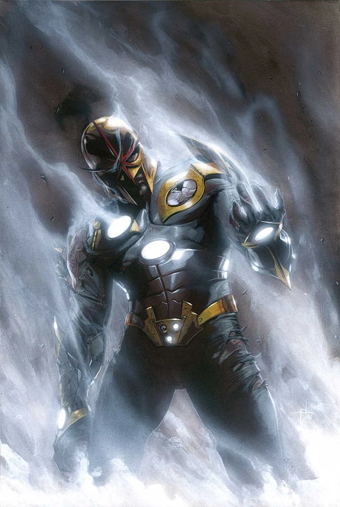 A broken Nova finds himself on his last legs on Gabriele Dell'otto's cover to Annihilation Vol. 1 #6 "Finale" (2007), Marvel Comics