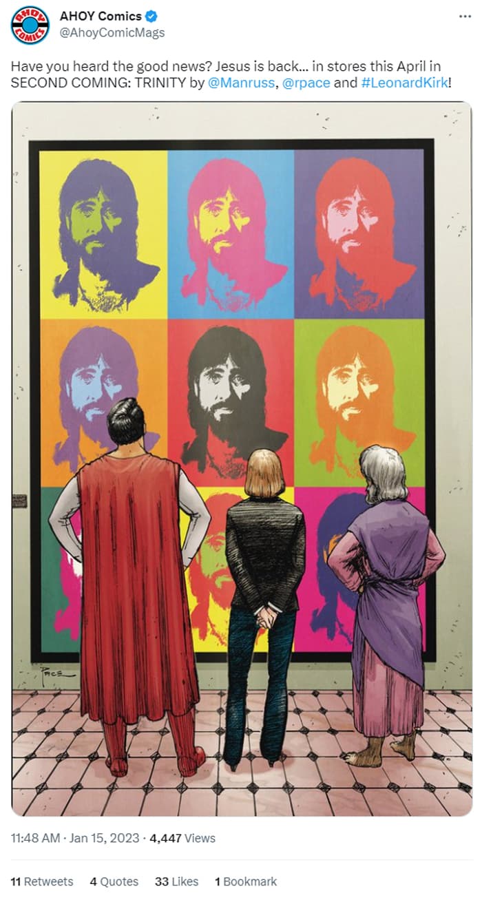 Tweet from @AhoyComicMags with text and artwork that mocks Jesus Christ and Christianity.