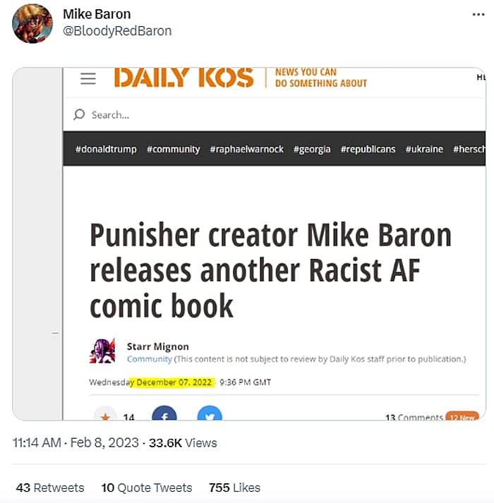 Mike Baron tweet highlighting Daily Kos criticism of Private American (2023) graphic novel