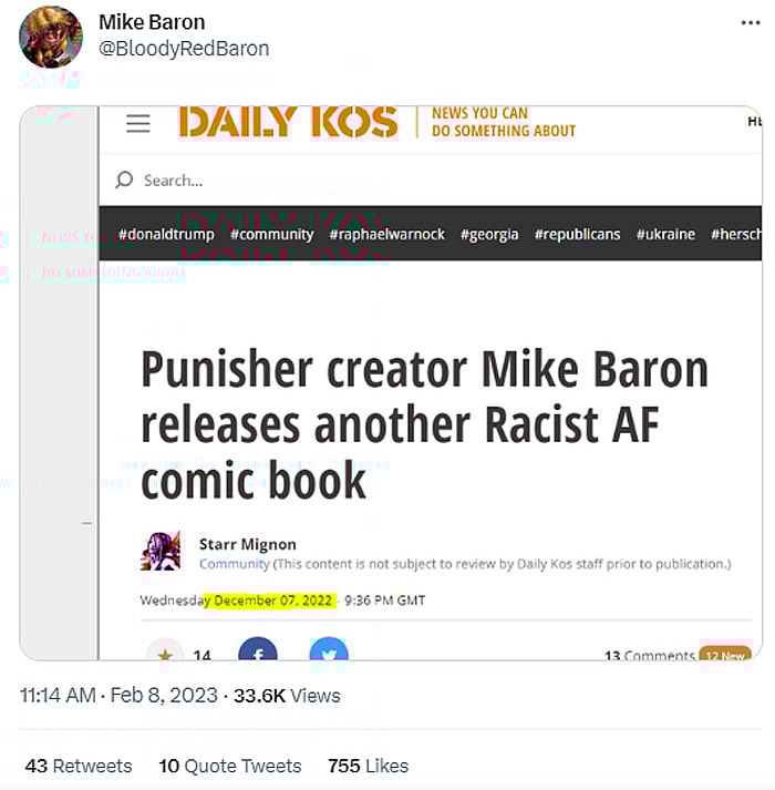 Screenshot of Mike Baron tweet highlighting Daily Kos hit piece on his 'Private American' (2023) graphic novel.