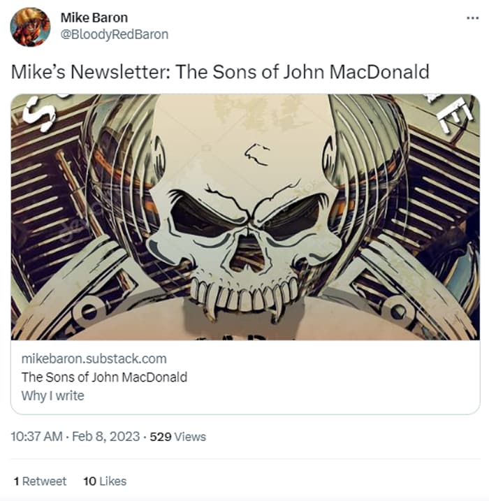Screenshot of Mike Baron tweet highlighting his Substack newsletter.