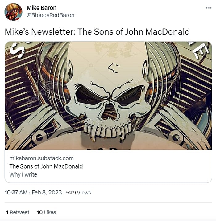 Screenshot of Mike Baron tweet highlighting his Substack newsletter.