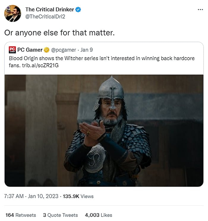 Will Jordan quote tweets a response to a PC Gamer article about 'The Witcher: Blood Origin.'