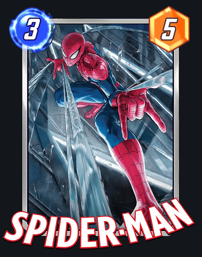 Yusuke Murata's variant cover to 'Amazing Spider-Man: Renew Your Vows Vol. 1 #4 (2015)' is used for a Spider-Man card variant in Marvel Snap (2022), NuVerse