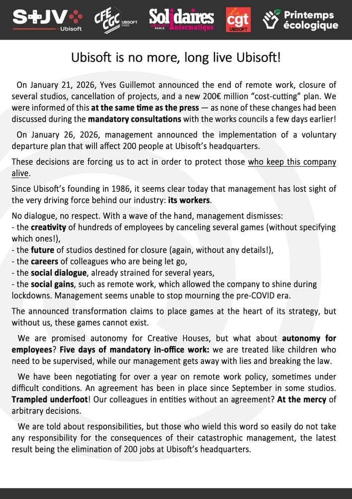 Syndicat des Travailleureuses du Jeu Vidéo, STJV, declare a strike at Ubisoft along with other unions at Bluesky