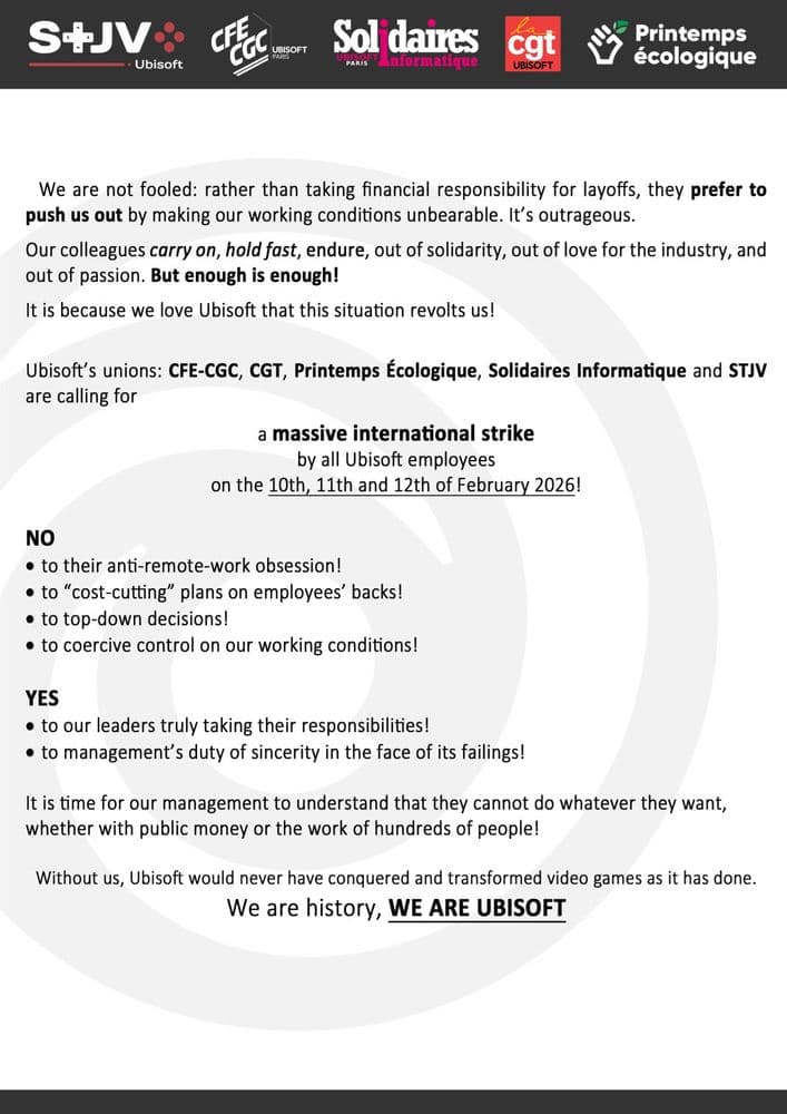 Syndicat des Travailleureuses du Jeu Vidéo, STJV, declare a strike at Ubisoft along with other unions at Bluesky