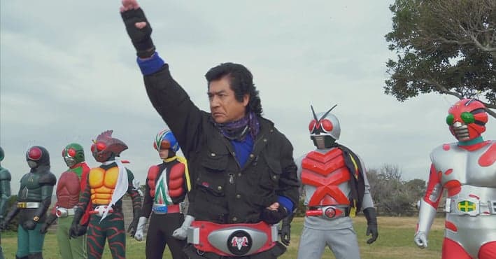 Takeshi Hongo (Hiroshi Fujioka) leads his successors into battle in Heisei Rider vs. Showa Rider: Kamen Rider Taisen feat. Super Sentai (2014), Toei