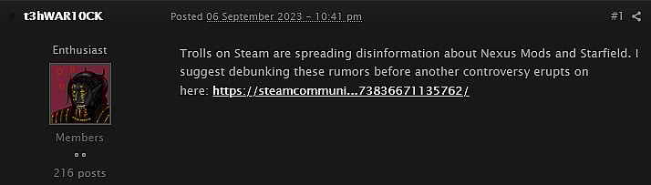 Nexus Mods member t3hWAR10CK brings the pronoun mod discourse to the attention of the site's team.