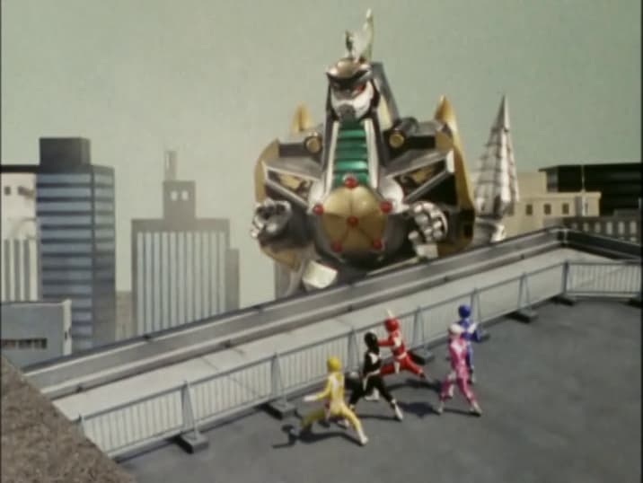 The titular team stands in awe of Burai's (Shiro Izumi) on the Guardian Beast DragonCasear in 
Kyoryu Sentai Zyuranger Episode 21 "The Guardian Beast's Great Riot" (1992), Toei Co. Ltd.
