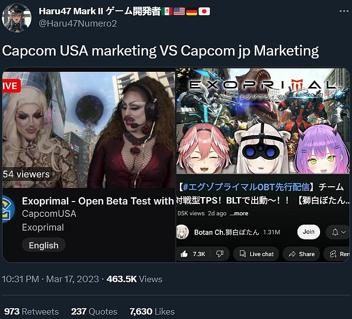 Haru47Numero2 notices the clear difference in Capcom's marketing strategy in the west and Japan for Exoprimal via Twitter