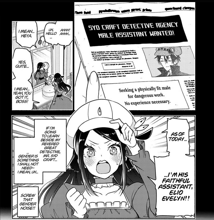 Elio Evelyn dedicates herself to helping her true love in Syd Craft: Final Reasoning Chapter 2 "The Great Detective & Secret Romance" (2024), Shueisha. Words and Art by Taishi Tsutsui.