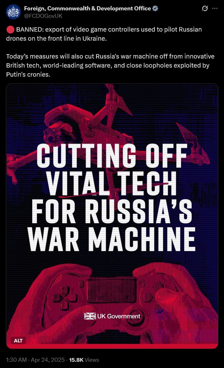 The UK Foreign, Commonwealth & Development Office announces an export ban on video game controllers to Russia.