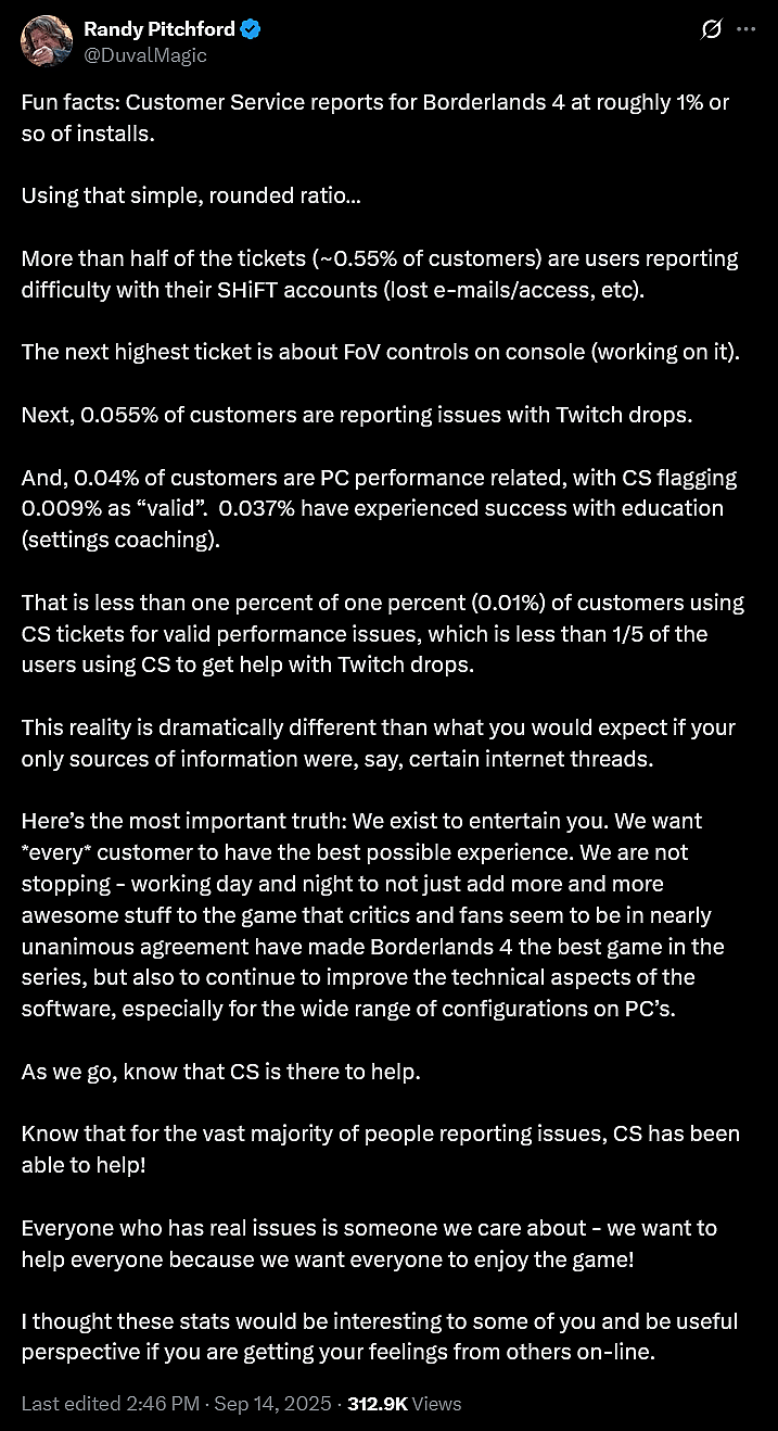 Gearbox CEO Randy Pitchford insults players frustrated with 'Borderlands 4's performance issues.