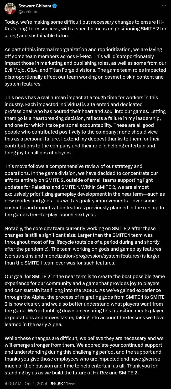Hi-Rez Studios CEO Stewart Chism announces layoffs in service of 'SMITE 2'.