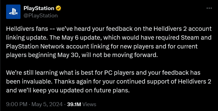 Sony backpedals their requirement to have 'Helldivers 2' players link their Steam and PSN accounts.