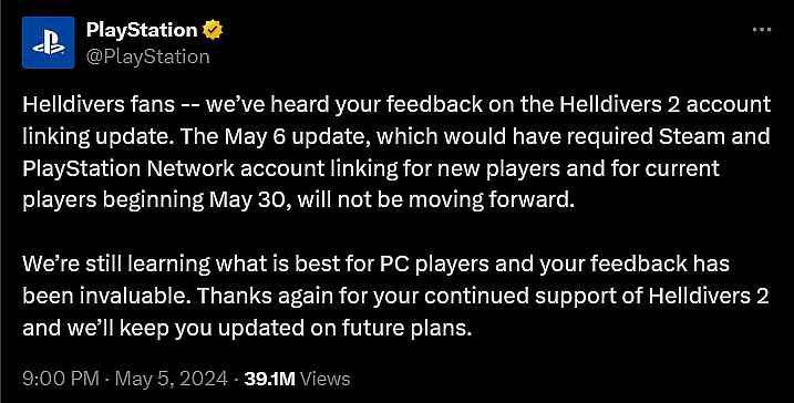 Sony backpedals their requirement to have 'Helldivers 2' players link their Steam and PSN accounts.