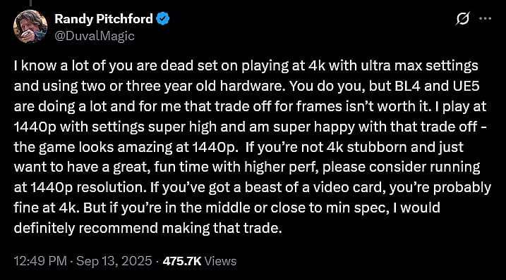 Gearbox CEO Randy Pitchford insults players frustrated with 'Borderlands 4's performance issues.