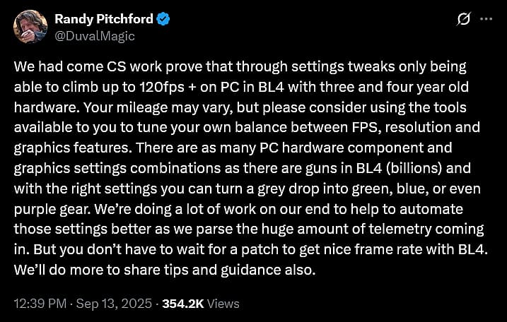 Gearbox CEO Randy Pitchford insults players frustrated with 'Borderlands 4's performance issues.