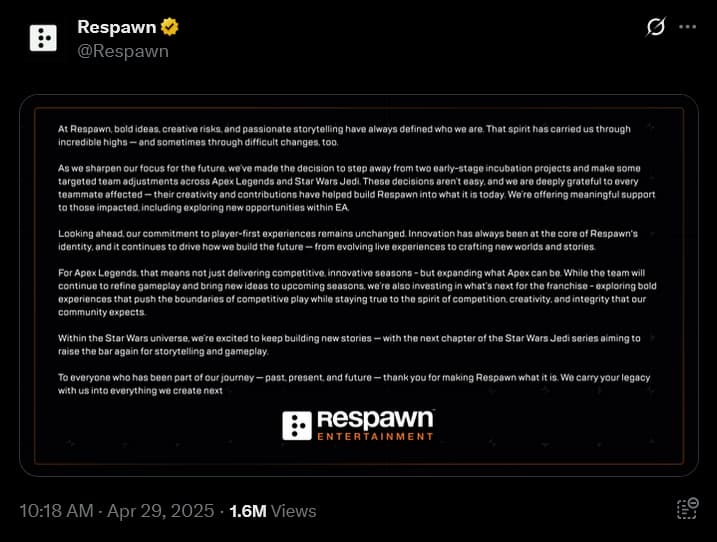 EA cancels a 'Titanfall' extraction shooter, saves 'Star Wars Jedi' as part of Respawn Entertainment layoffs.