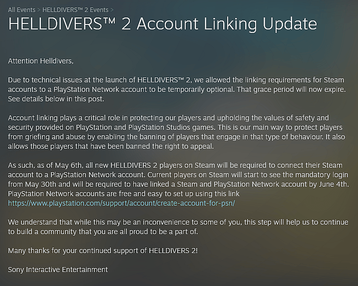 Sony Interactive Entertainment announces mandatory Steam and PSN account linking for Helldivers 2