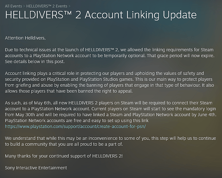 Sony Interactive Entertainment announces mandatory Steam and PSN account linking for Helldivers 2