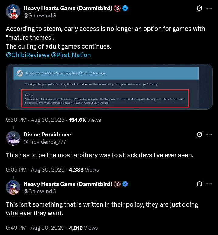 Galewind Games reports that Steam denied Early Access support to their upcoming "Lewd Action RPG", 'Heavy Hearts'.