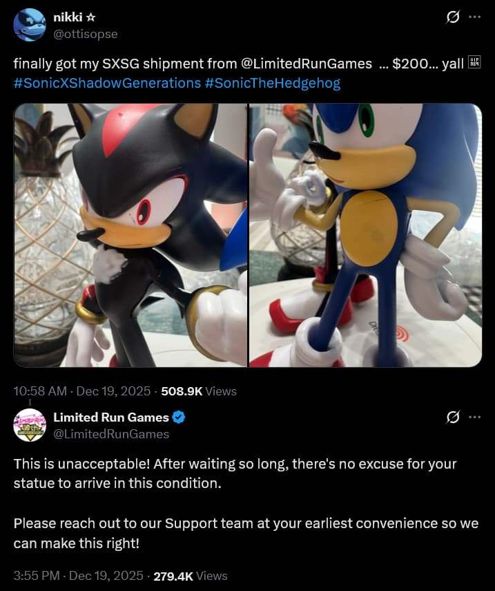 Limited Run Games acknowledges the quality control issues with their 'Sonic x Shadows Generations' Collector's Editions