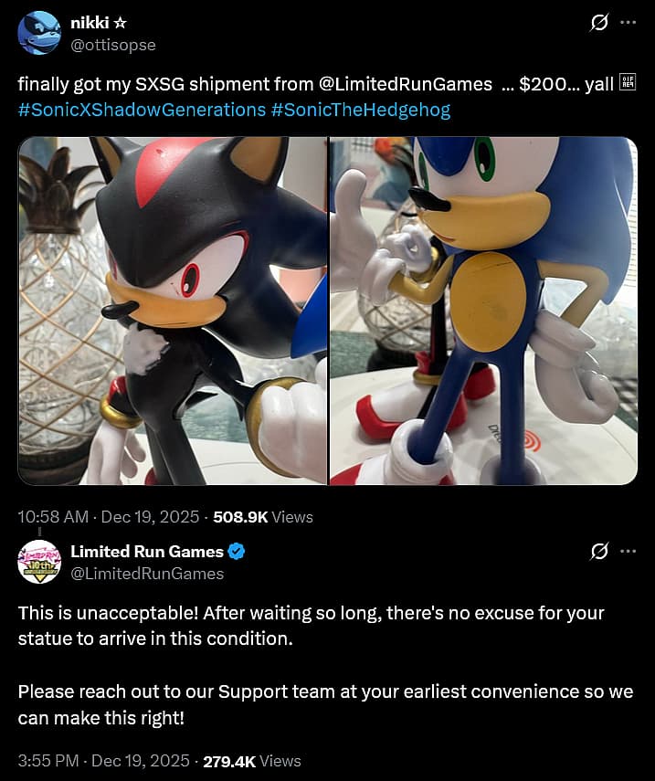 Limited Run Games acknowledges quality control issues with Sonic x Shadows Generations Collector's